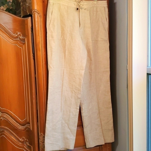 Liz Claiborne linen beige straight leg pants. 10 regular audra. Tie, pockets. - Picture 1 of 12